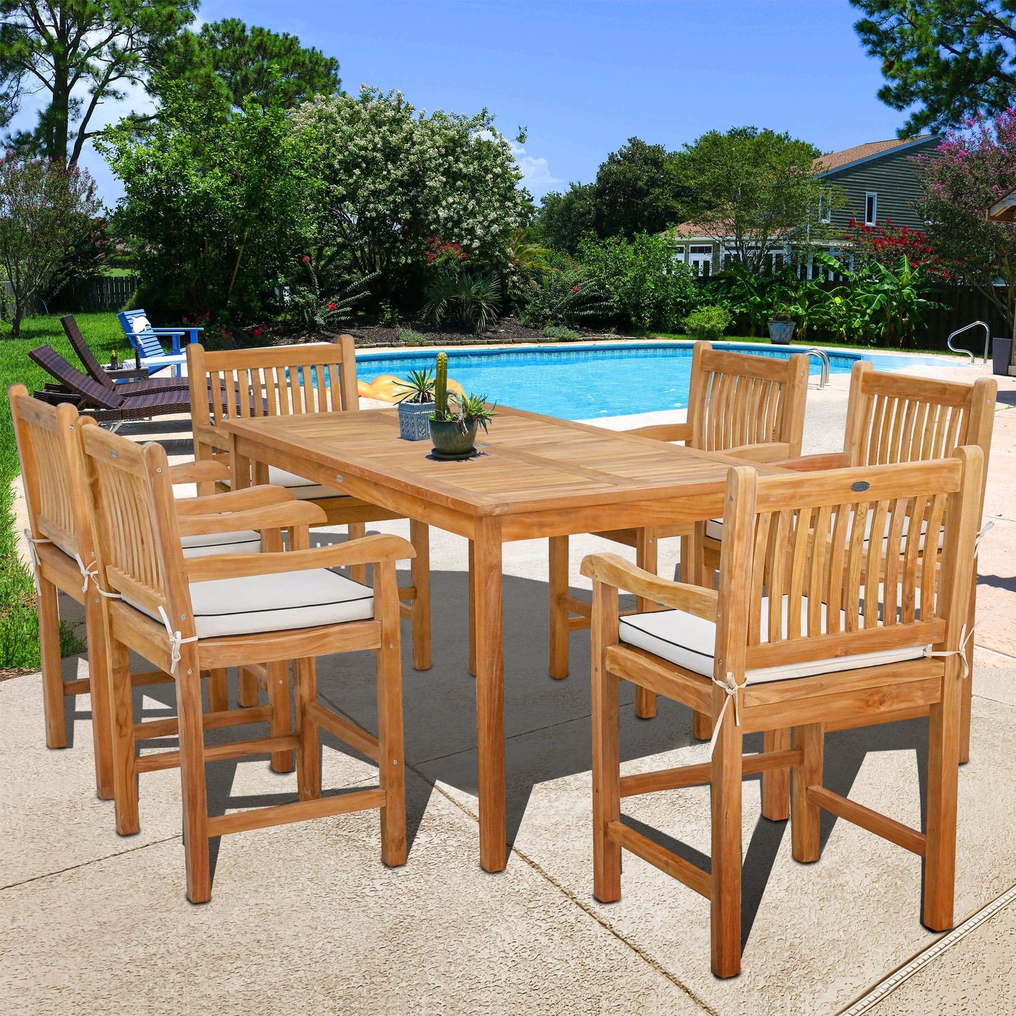 Brown Teak Rectangular Outdoor Dining Set with Cushions
