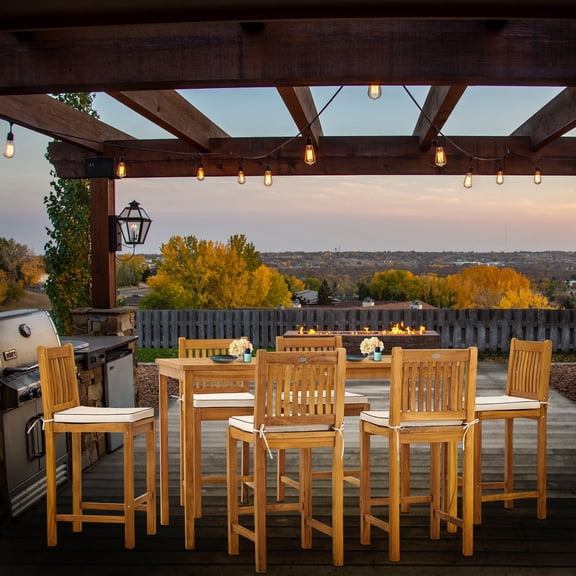 7 Piece Teak Wood Elzas 71" Rectangular Outdoor Patio Bistro Bar Set including 6 Bar Chairs