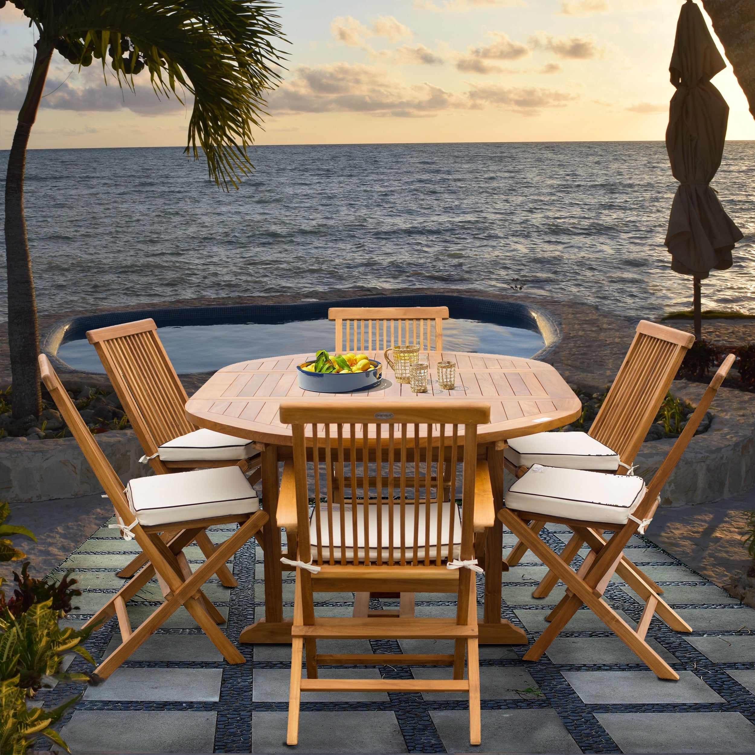7 Piece Teak Wood Lauderdale Patio Dining Set with Round to Oval ...
