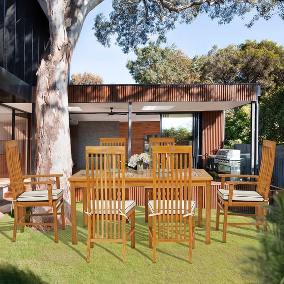 7 Piece Teak Wood West Palm 63" Outdoor Patio Bistro Dining Set with 2 Arm Chairs and 4 Side Chairs