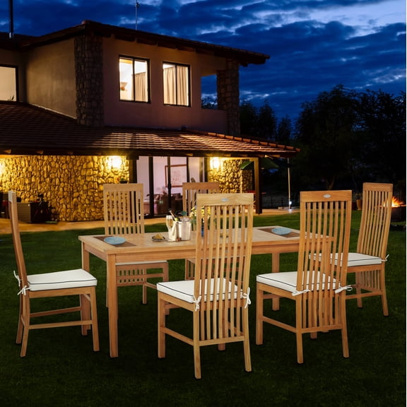 7 Piece Teak Wood West Palm 71" Outdoor Patio Bistro Dining Set with 6 Side Chairs