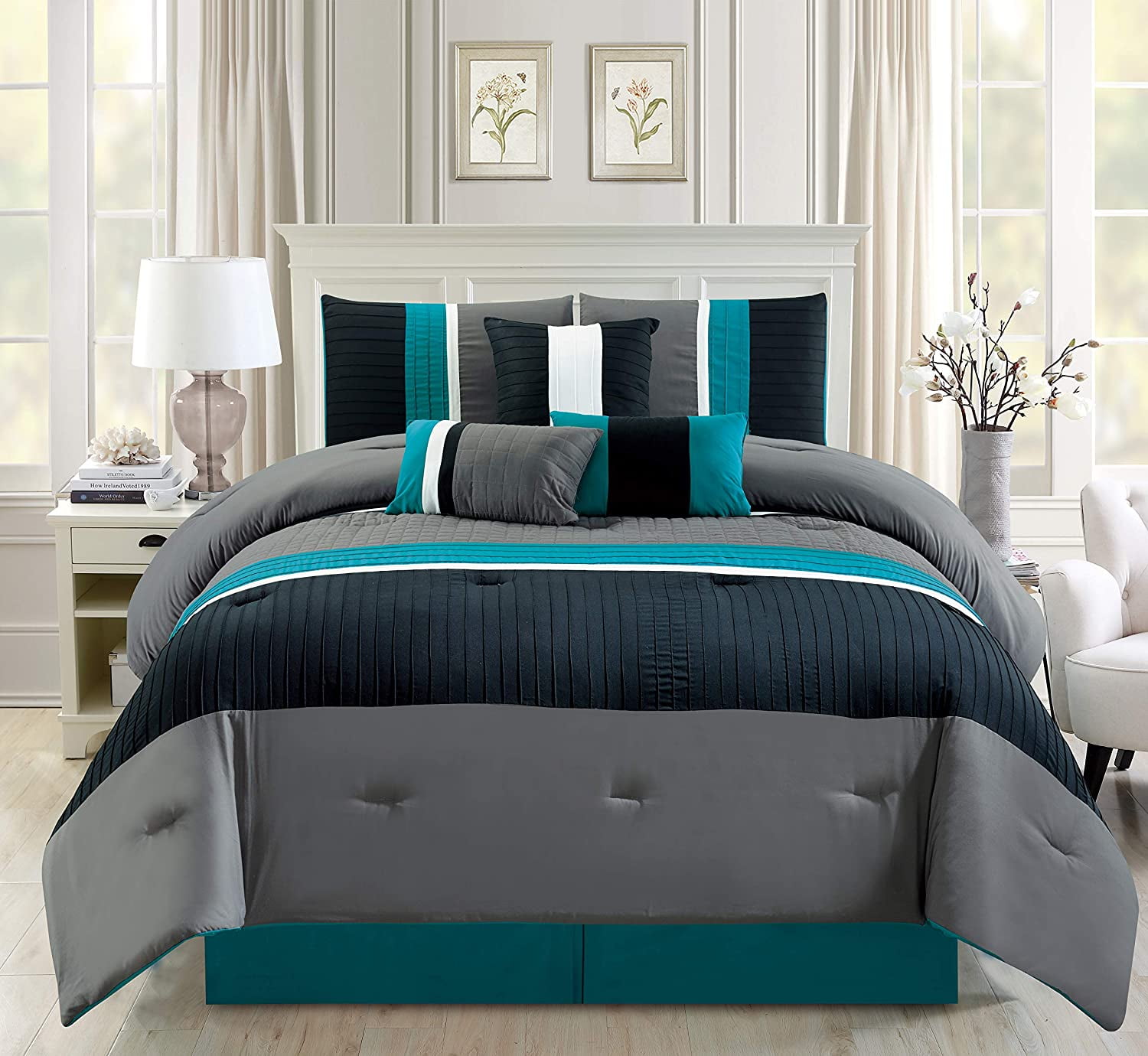 7 Piece Teal Blue / Grey / Black Pleated Bed in A Bag Microfiber ...