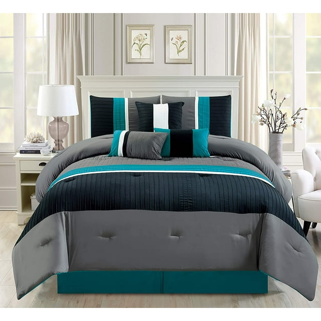 7 Piece Teal Blue / Grey / Black Pleated Bed in A Bag Microfiber ...