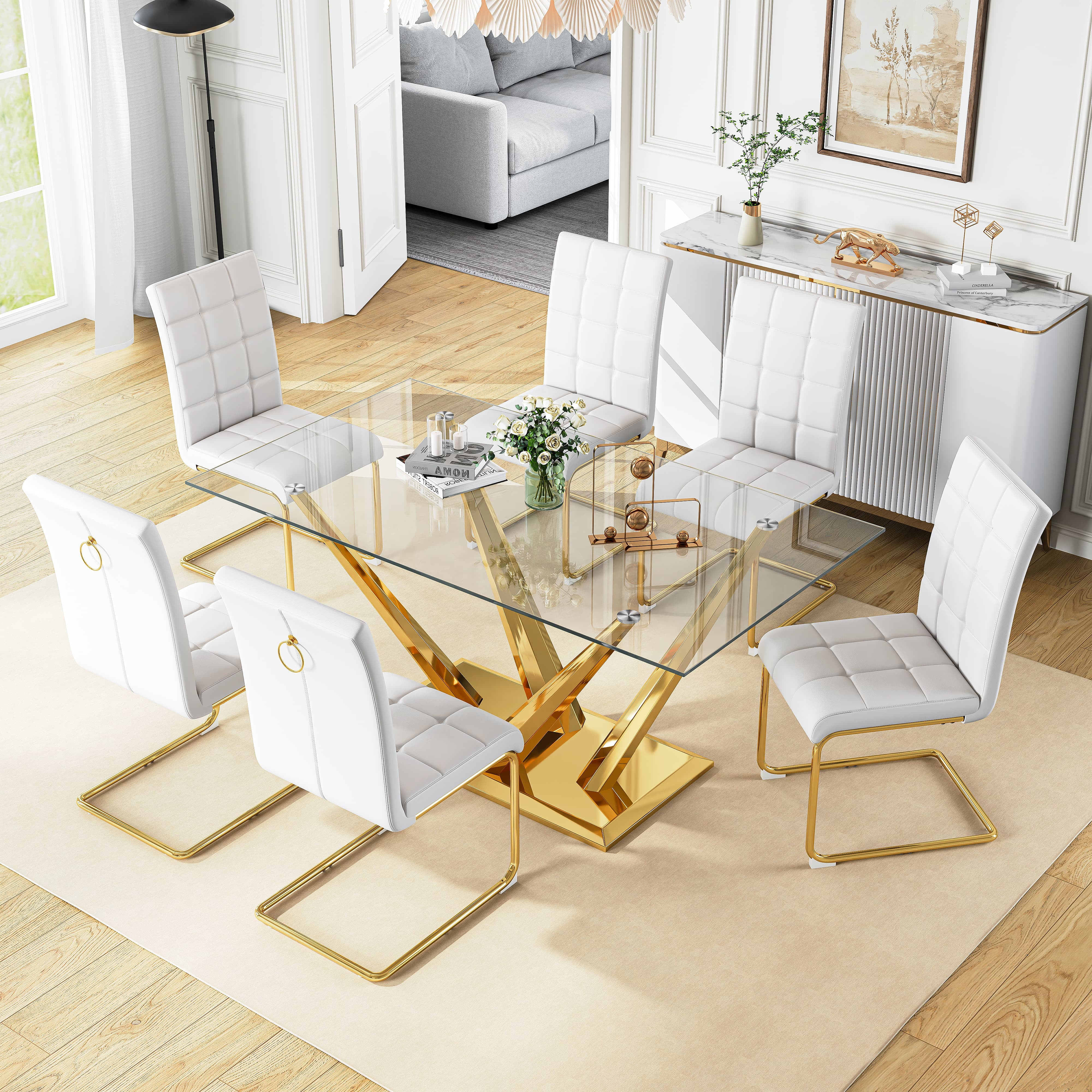 7-Piece Tempered Glass Dining Table Set, 63