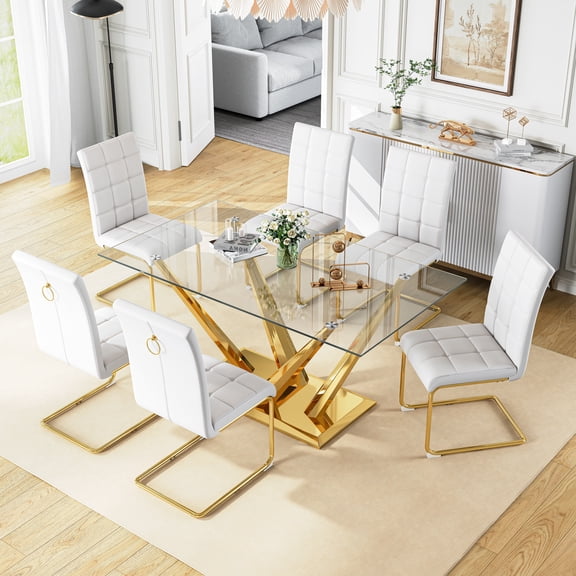 7-Piece Tempered Glass Dining Table Set, 63" Rectangular Modern Cross-Leg Stainless Steel Base and 6 PU Leather C-Shaped Cantilever Chairs with Pull Ring, for Kitchen, Living Room, Meeting Room
