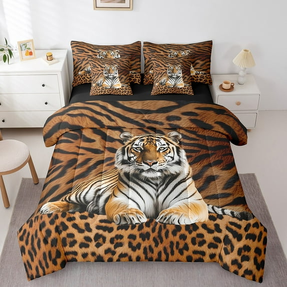 7 Piece Tiger Bed In A Bag Full,Tiger Leopard Print Comforter Set,Safair Animal Bedding Set,Wildlife Quilt with Flat Fitted Sheet,Black Brown Pillow Covers