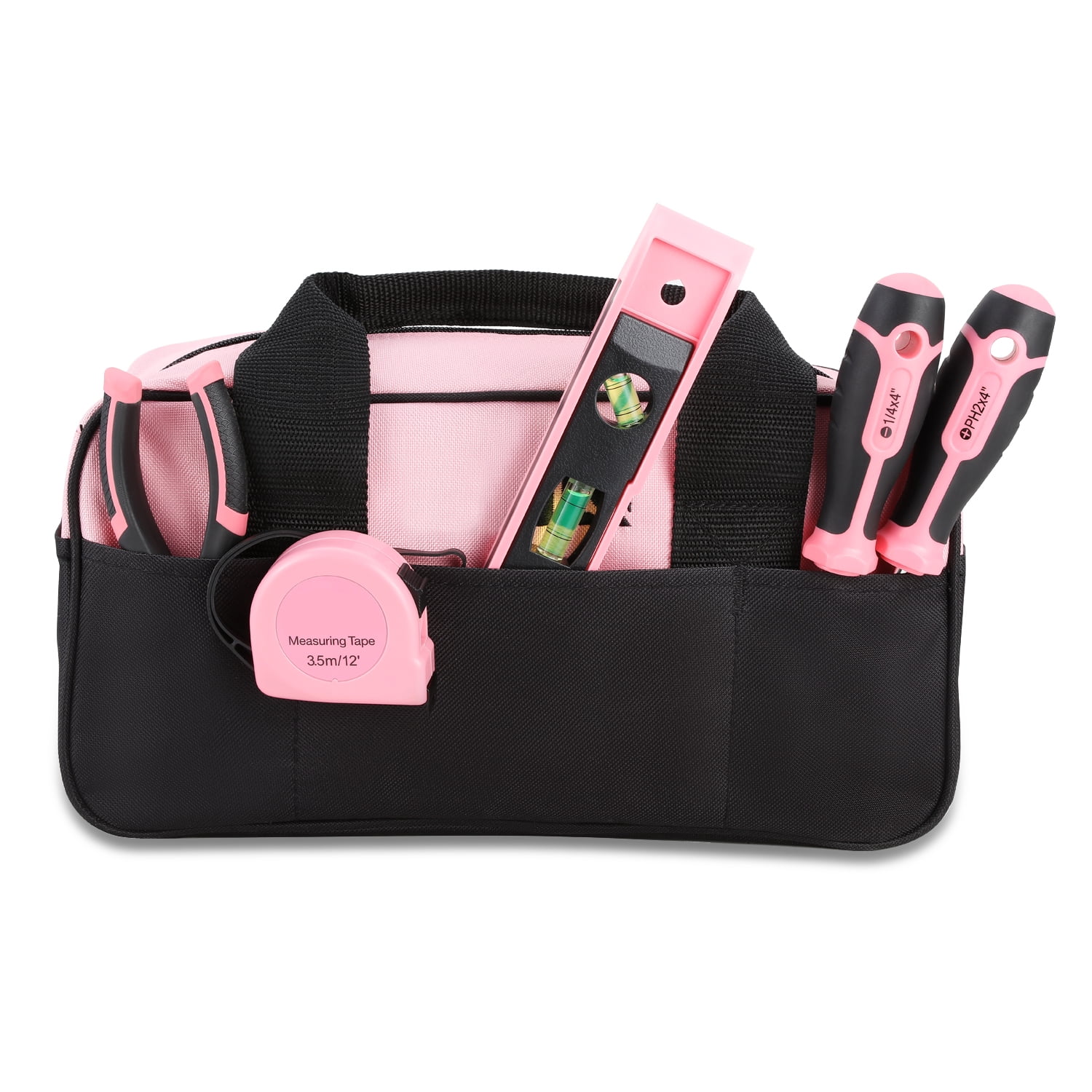 7-Piece Tool Set - Portable Household Hand Tool Kit with Wide Mouth Canvas Storage Bag for DIY Home Repairing, Gift for Women Girls Ladies, Pink