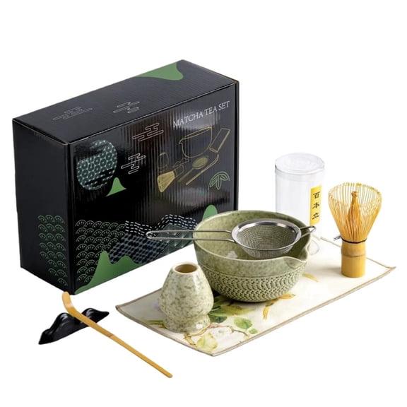 7-Piece Traditional Matcha Tea Set - Matcha Whisk (Chasen), Chashaku Spoon & Ceramic Bowl Gift Kit