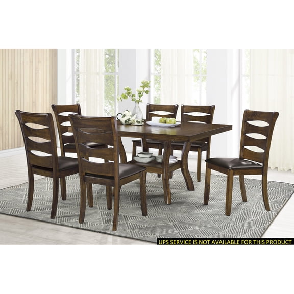 7 Piece Transitional Dining Furniture | Table with Butterfly Leaf for Easy Storage | Brown Faux Leather Seats | Solves Dining Space Issues
