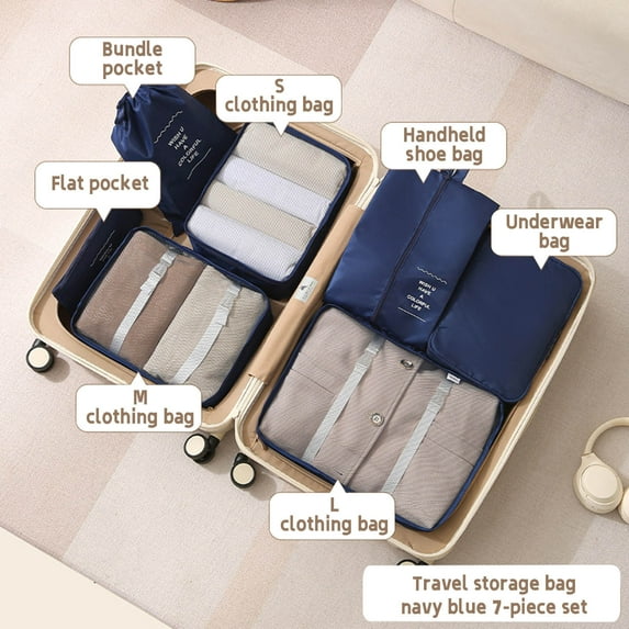 7-Piece Travel Storage Bag Set | Garment, Shoe & Underwear Organizers | Lightweight Polyester Packing Cubes for Luggage | Sky Blue, Khaki, Red, Gray, Navy Options