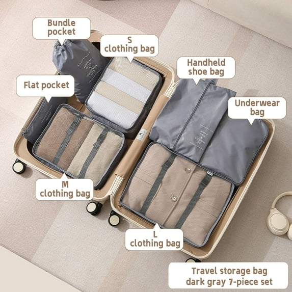 7-Piece Travel Storage Bag Set | Garment, Shoe & Underwear Organizers | Lightweight Polyester Packing Cubes for Luggage | Sky Blue, Khaki, Red, Gray, Navy Options