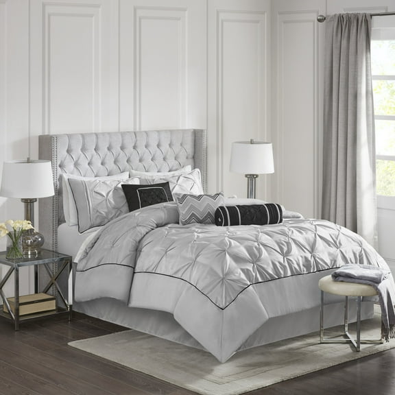 7 Piece Tufted Comforter Set Grey Queen