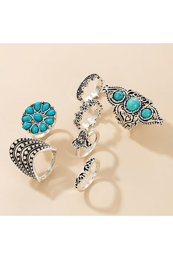 7 Piece Turquoise Ring Set Western Jewelry for Women Vintage Western Rings Set Boho Rings Knuckle Stackable Rings Trendy Stuff Turquoise Jewelry Gifts for Women