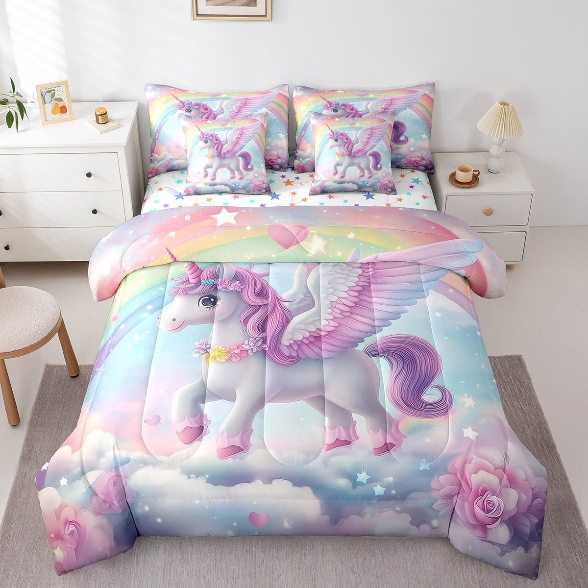 7 Piece Unicorn Bed in a Bag Queen for Girls Kids Rainbow Unicorn ...
