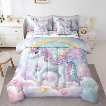 7 Piece Unicorn Bed in a Bag King Size Rainbow Unicorn Bedding Sets Galaxy Stars Fantasy Decor Comforter Set with Sheets Kawaii Unicorn Bed Set Blue Purple Gradient Sheets