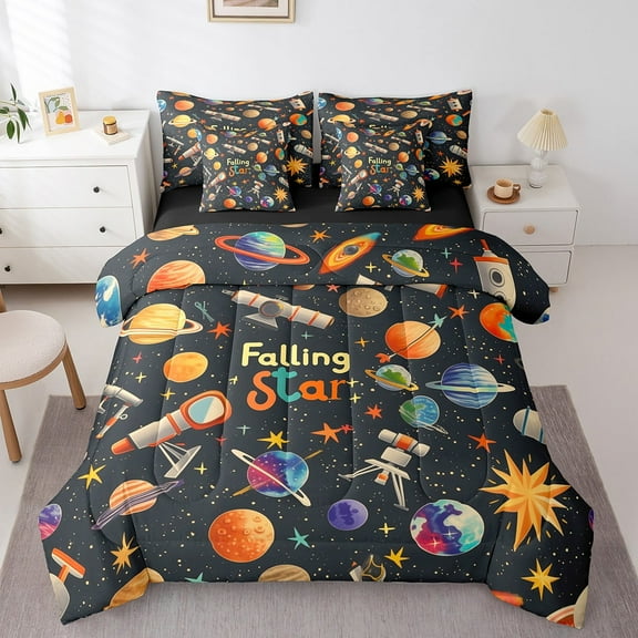 7 Piece Universe Bed in a Bag King Size Galaxy Starry Sky Decor Bedding Sets, Outer Space Themed Comforter Set with Sheets Milky Way Galaxy Bed Set Planet Decor Sheets