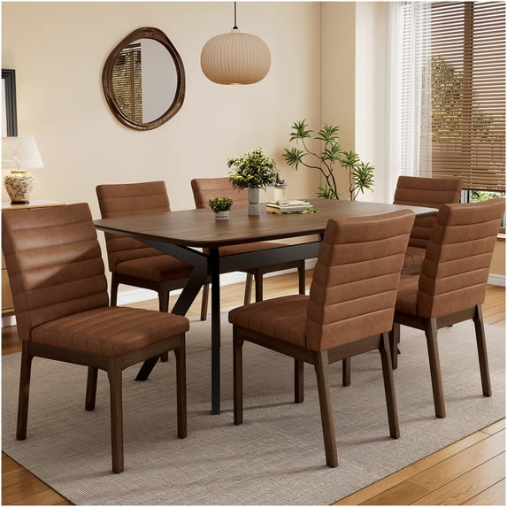 7-Piece Upholstered Dining Set with Rubberwood Frame, Mid-Century Modern Table and Chairs in Cognac Brown, Walnut, and Black