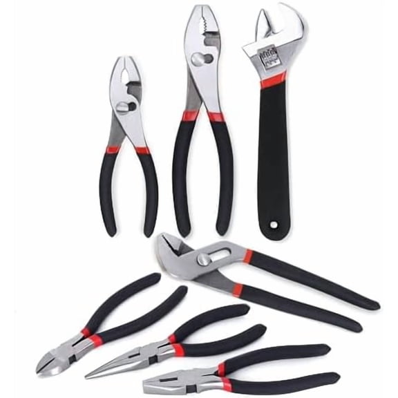 7-Piece Utility Pliers and Wrench Set, Includes 8" Adjustable Wrench, 8" Groove Joint, 8" & 6" Slip Joint, 6" Long Nose, 6" Diagonal and 6" Linesman Pliers, Dipped Handle