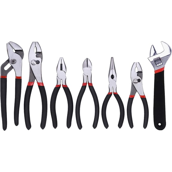 7-Piece Utility Pliers and Wrench Set, Includes 8" Adjustable Wrench, 8" Groove Joint, 8" & 6" Slip Joint, 6" Long Nose, 6" Diagonal and 6" Linesman Pliers, Dipped Handle