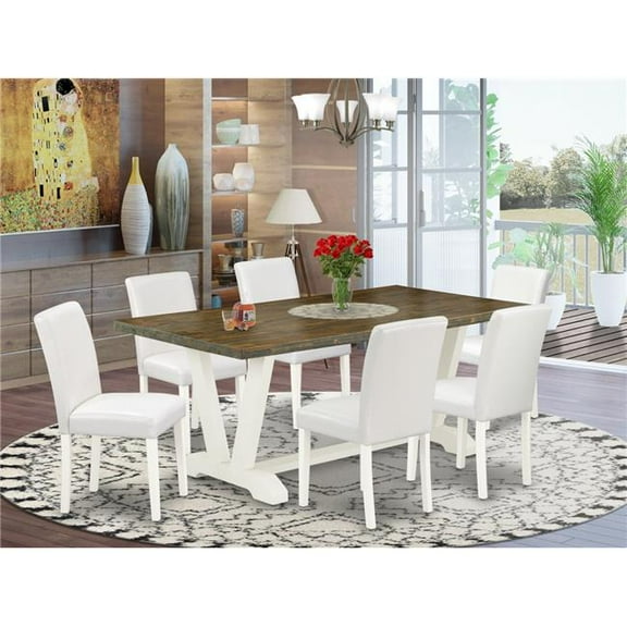7 Piece V-Style Amazing Modern Dining Table Set - White, Distressed Jacobean & Linen White