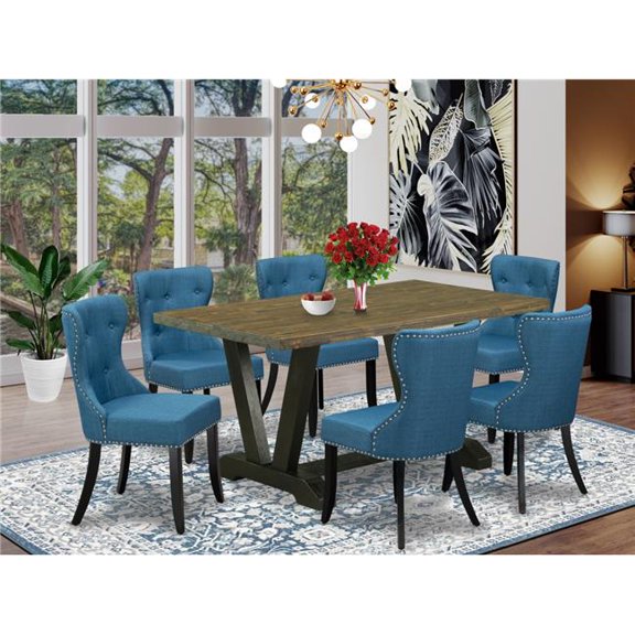 7 Piece V-Style Dinette Room Set - Distressed Jacobean & Black