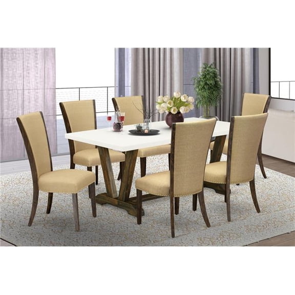 7 Piece V-Style Dinette Set - Distressed Jacobean, Linen White & Brown