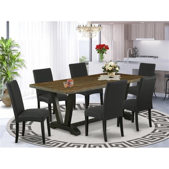7 Piece V-Style Dining Room Set - Distressed Jacobean & Black