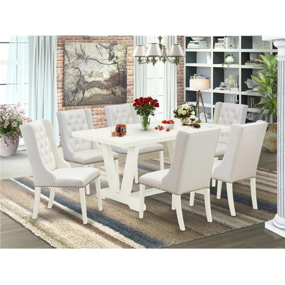 7 Piece V-Style Dining Table Set - Linen White