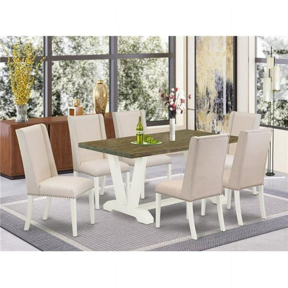 7 Piece V-Style Gorgeous Modern Dining Table Set - Cream, Distressed Jacobean & Linen White