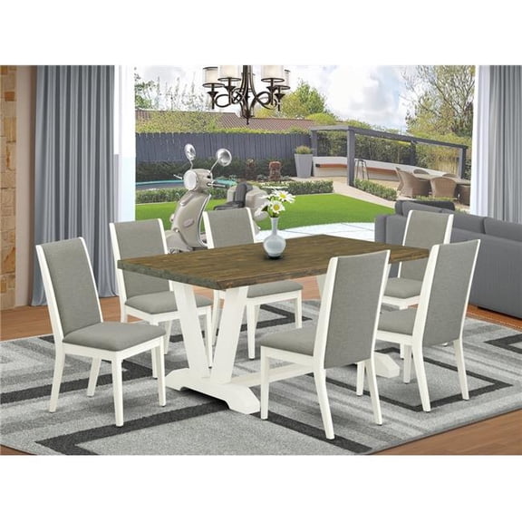 7 Piece V-Style Stylish Dining Set - Shitake, Distressed Jacobean & Linen White