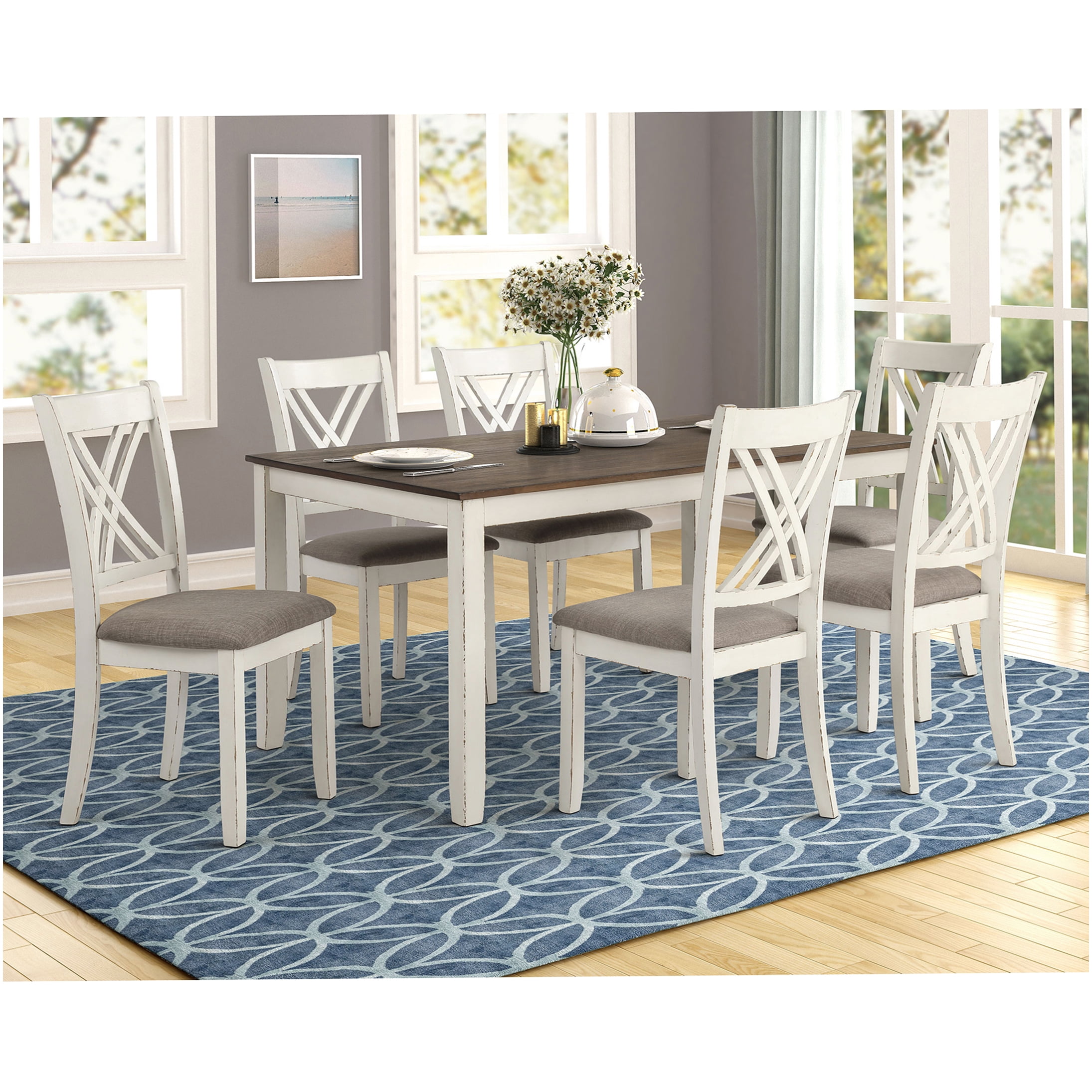7-Piece Vanilla White Dining Set with Rectangular Table and 6 ...