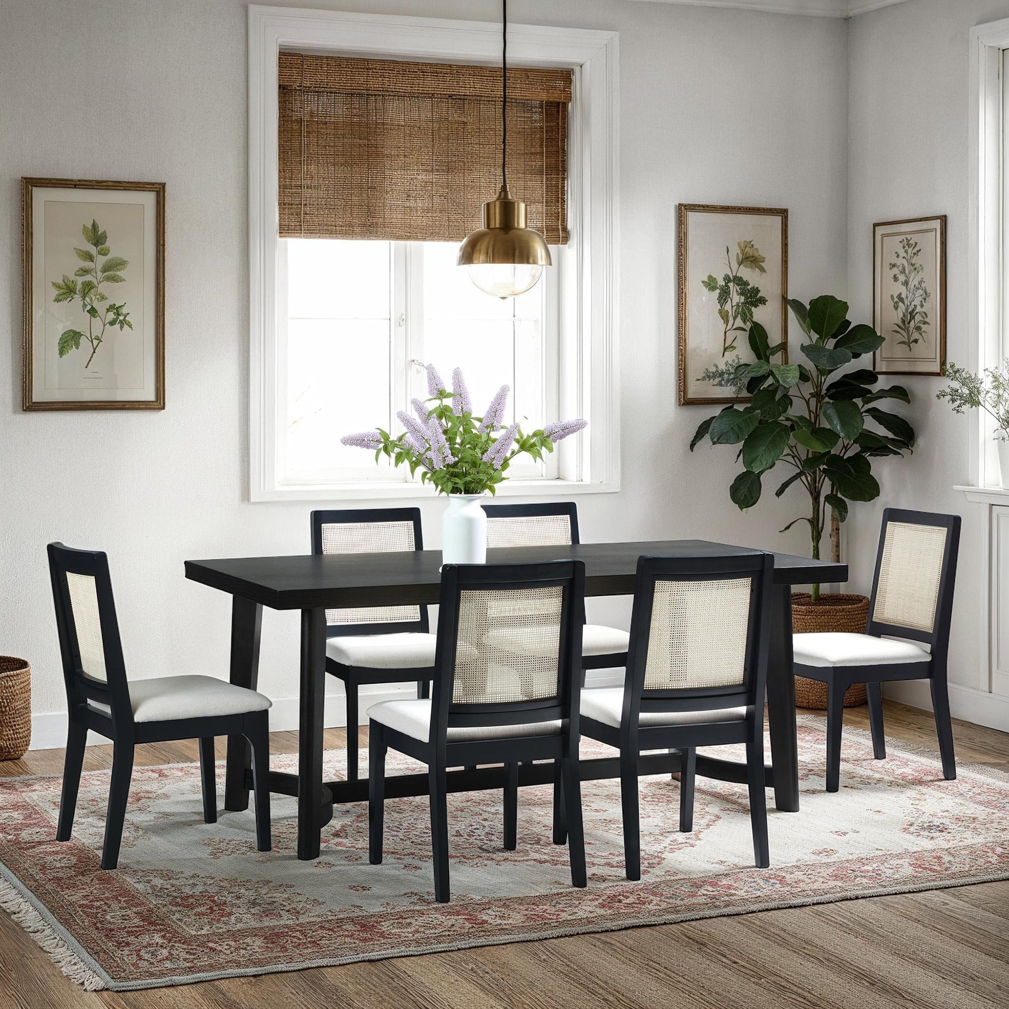 7-Piece Walker Edison Modern Farmhouse Solid Oak Wood Dining Table with ...