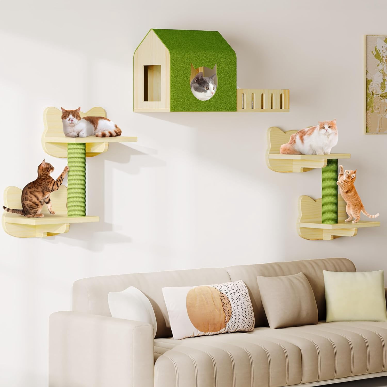 7-Piece  Wall Shelves and Perches Set with Solid Wood Climbing Furniture, Green House and Fence Steps for Indoor Cats