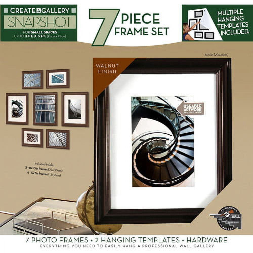 7 Piece Walnut Photo Frame Gallery Wall Kit with Decorative Art Prints