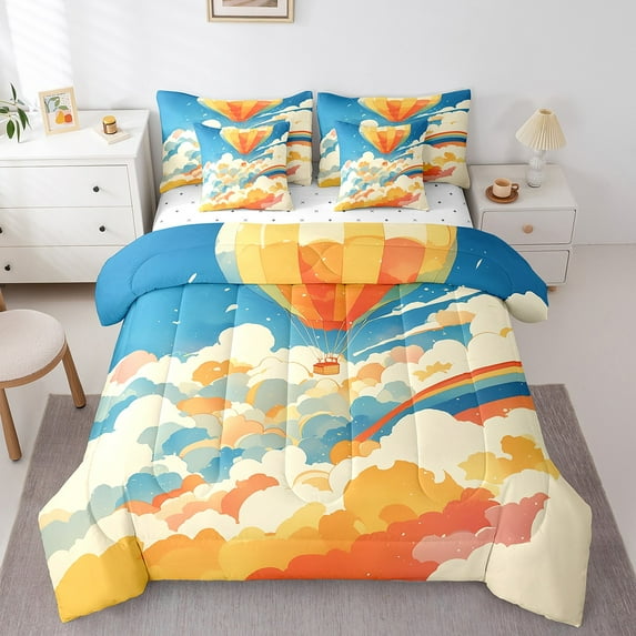 7-Piece Watercolor Hot Air Balloon Bedding King Size Rainbow Comforter Set, White Cloud Blue Sky Bedding Comforter Sets Cartoon Style Bed in a Bag, Dreamy World Bedding Accessories