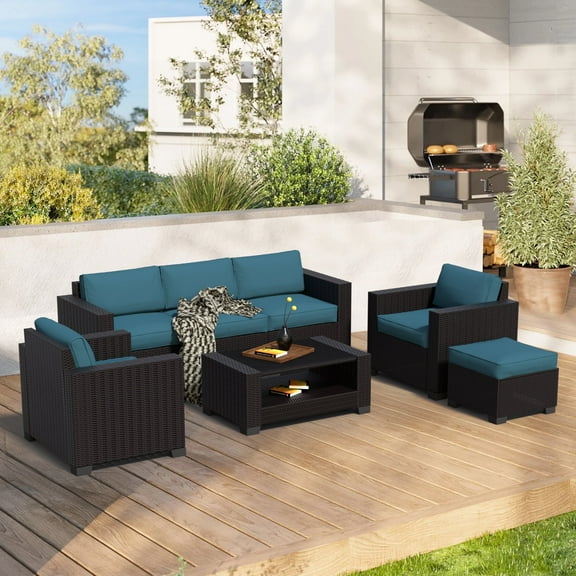 7-Piece Waterproof Outdoor Patio Furniture Set, PE Wicker Rattan Sectional Sofa with Replaceable Cushions & Coffee Table, Modern Patio Conversation Set for Porch, Balcony, Backyard (Peacock Blue)