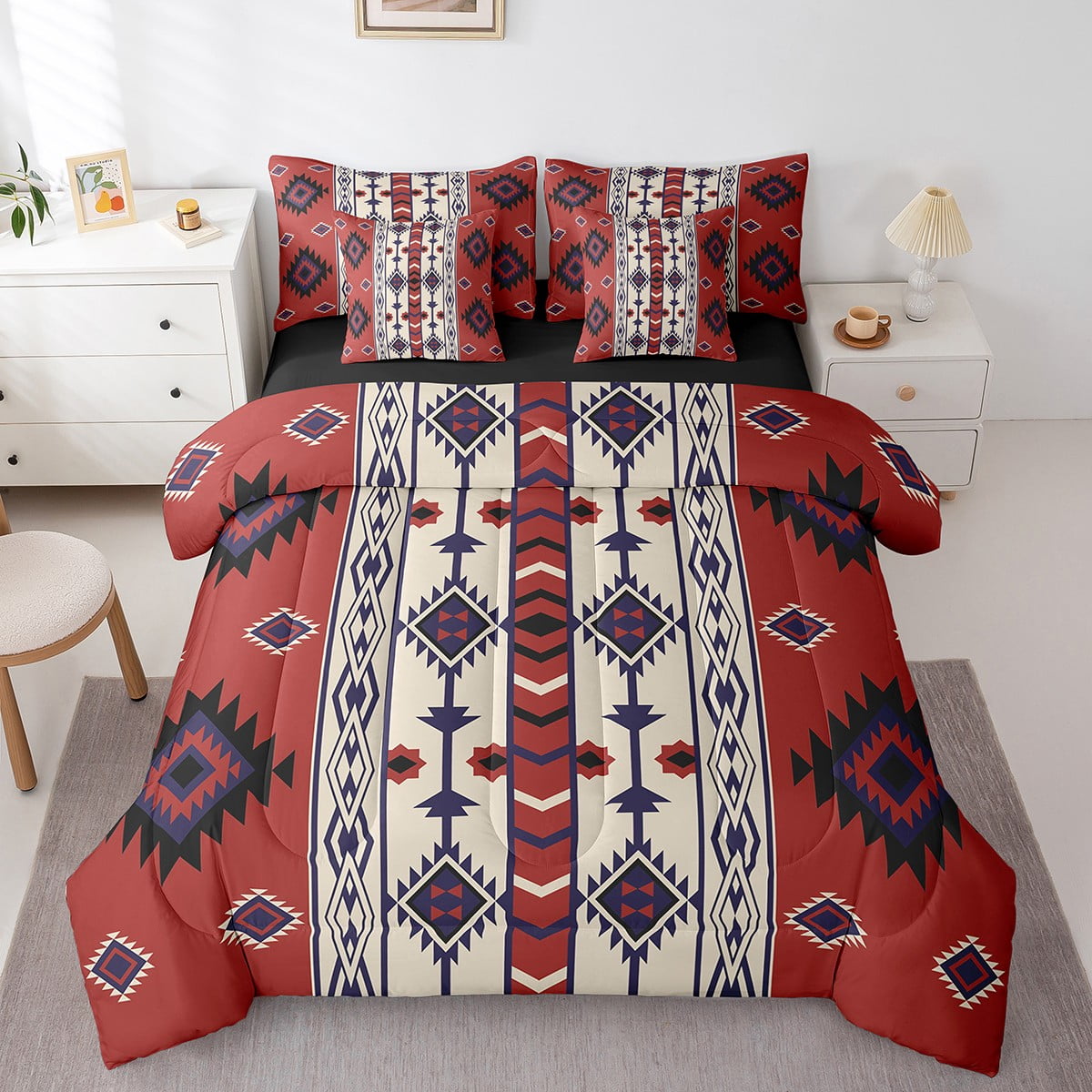 7 Piece Western Boho Bedding Sets Queen Retro Red Brown Aztec Bed In A ...