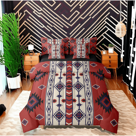 7 Piece Western Boho Bedding Sets Twin Retro Red Brown Aztec Bed In A Bag With Sheets American Southwestern Comforter Set Men,Southwest Tribal Geometric Bed Set