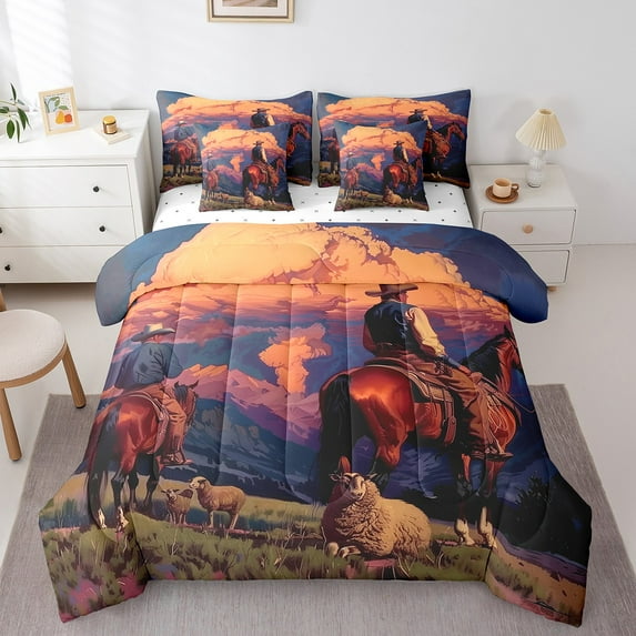 7 Piece Western Cowboy Queen Bedding Set,West Horse Bed Set Men,Rustic Country Farmhouse Sheep Comforter Set Mountain Sunset Bed in a Bag with Fitted Sheet,Flat Sheet