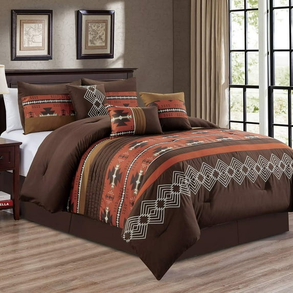 7 Piece Western Southwestern Design Comforter Set Multicolor SPICE Coffee Brown Embroidered QUEEN Size Bed in a Bag Bedding Set- Makala (Queen)