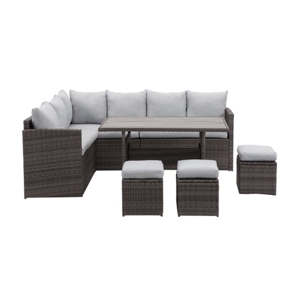 7 Piece Wicker Patio Dining Set 9-Seat Outdoor Sectional Gray Cushions Sofa with Ottomans & Dining Table Porch Backyard Garden