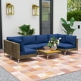 thumbnail image 1 of 7 Piece Wicker Patio Furniture Set, Modular Outdoor Sectional with Thickened Cushions, Acacia Wood Table, Brown/Blue, 1 of 11