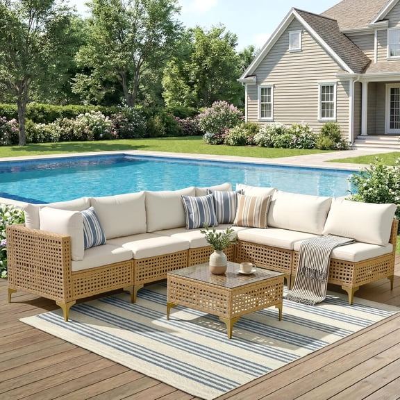 7 Piece Wicker Patio Furniture Set, Outdoor Conversation Set Sectional Sofa with Thick Cushions & Coffee Table for Backyard, Porch, Natural/Beige