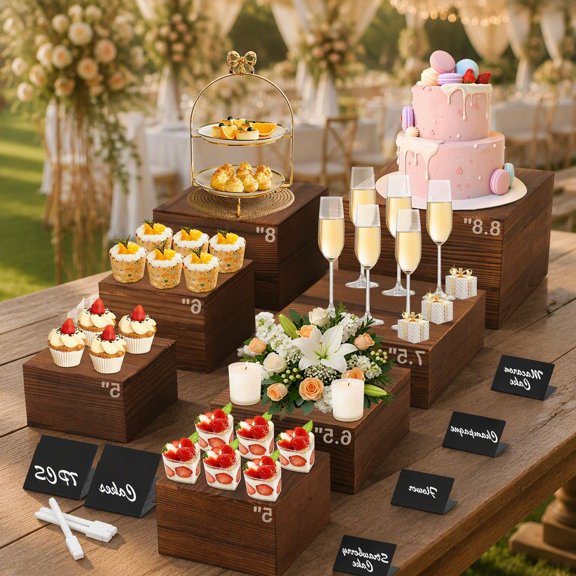7 Piece Wood Riser Display Stands Set with Mini Table Signs and Markers, Buffet Risers for Dessert Table, Cupcake, Party Catering