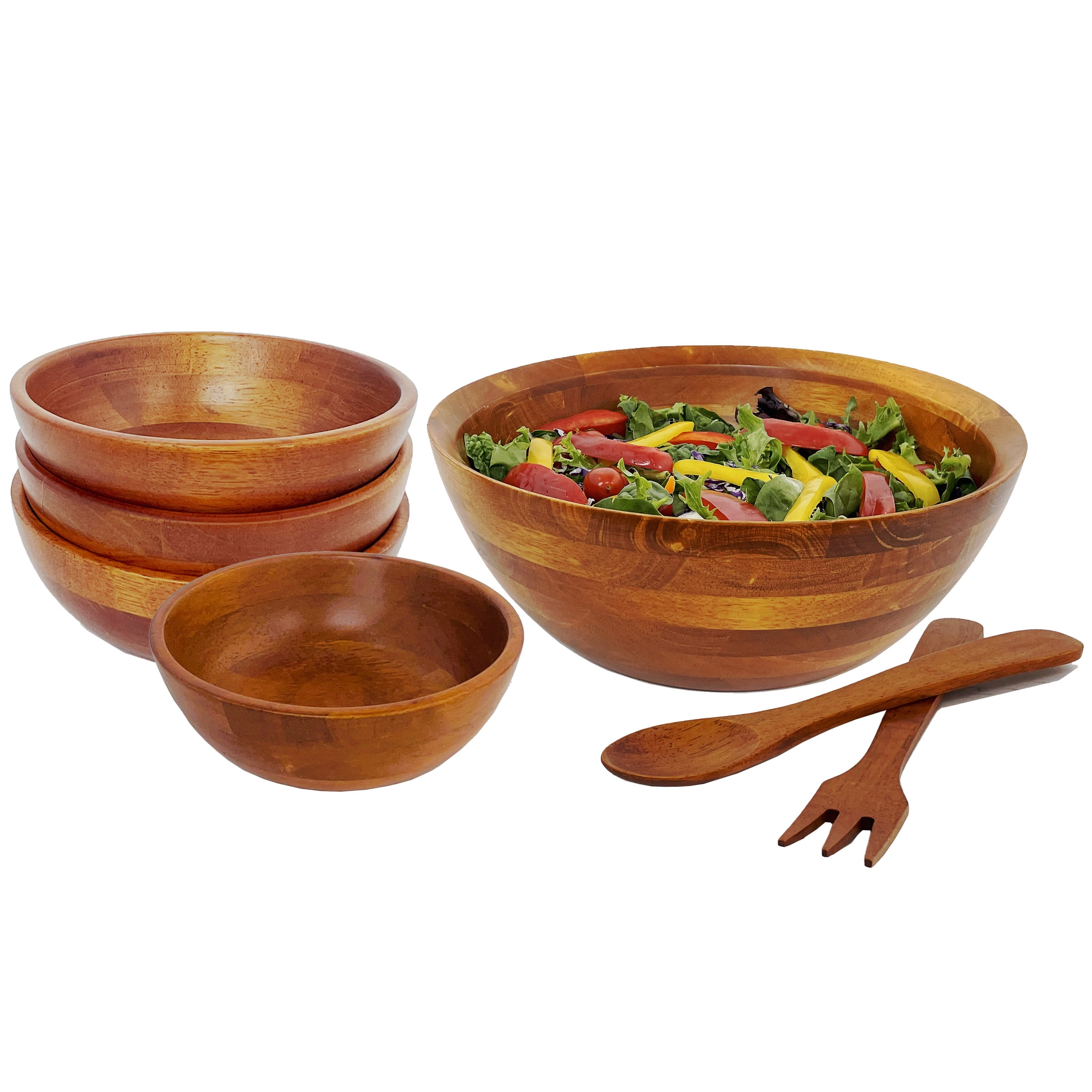 Handcrafted Medium Brown Rubberwood 7 Piece Salad Bowl Set
