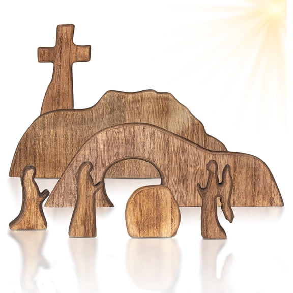 7-Piece Wooden Easter Resurrection Scene with Empty Tomb and Cross, Christian Tabletop Decor
