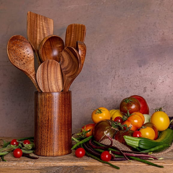 7-Piece Wooden Kitchen Utensil Set with Natural Teak Spoons and Spatulas for Non-Stick Cookware