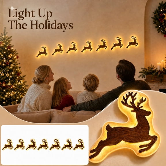 7 Piece Wooden Reindeer LED Wall Decor, Running Deer Light Up Ornaments, Rustic Battery Operated Christmas Home Bedroom Party Decoration