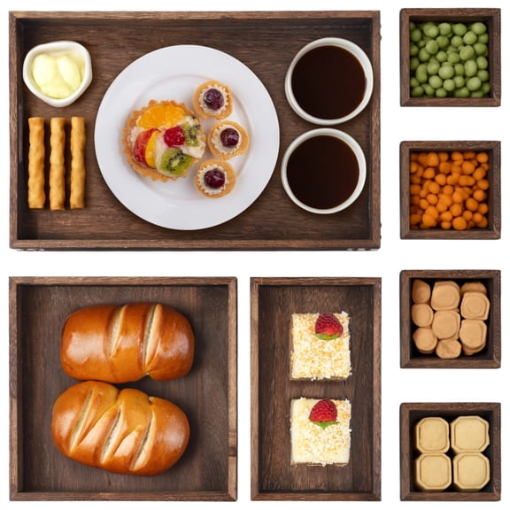 7 Piece Wooden Serving Tray Assortment, Rustic Brown Nesting Trays with Handles, Varied Dimensions, Decorative Organizers for Snacks, Drinks, Rectangular Platters for Kitchen, Coffee Table, Vanity