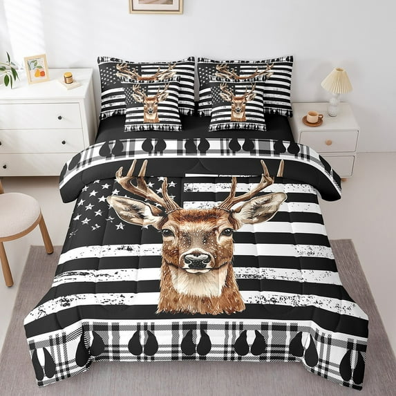 7 Piece Woodland Deer Bedding Sets Full Black White American Flag Comforter Set With Sheets Rustic Buffalo Plaid Animal Bed In A Bag Teen Men,Farmhouse Country Bed Set